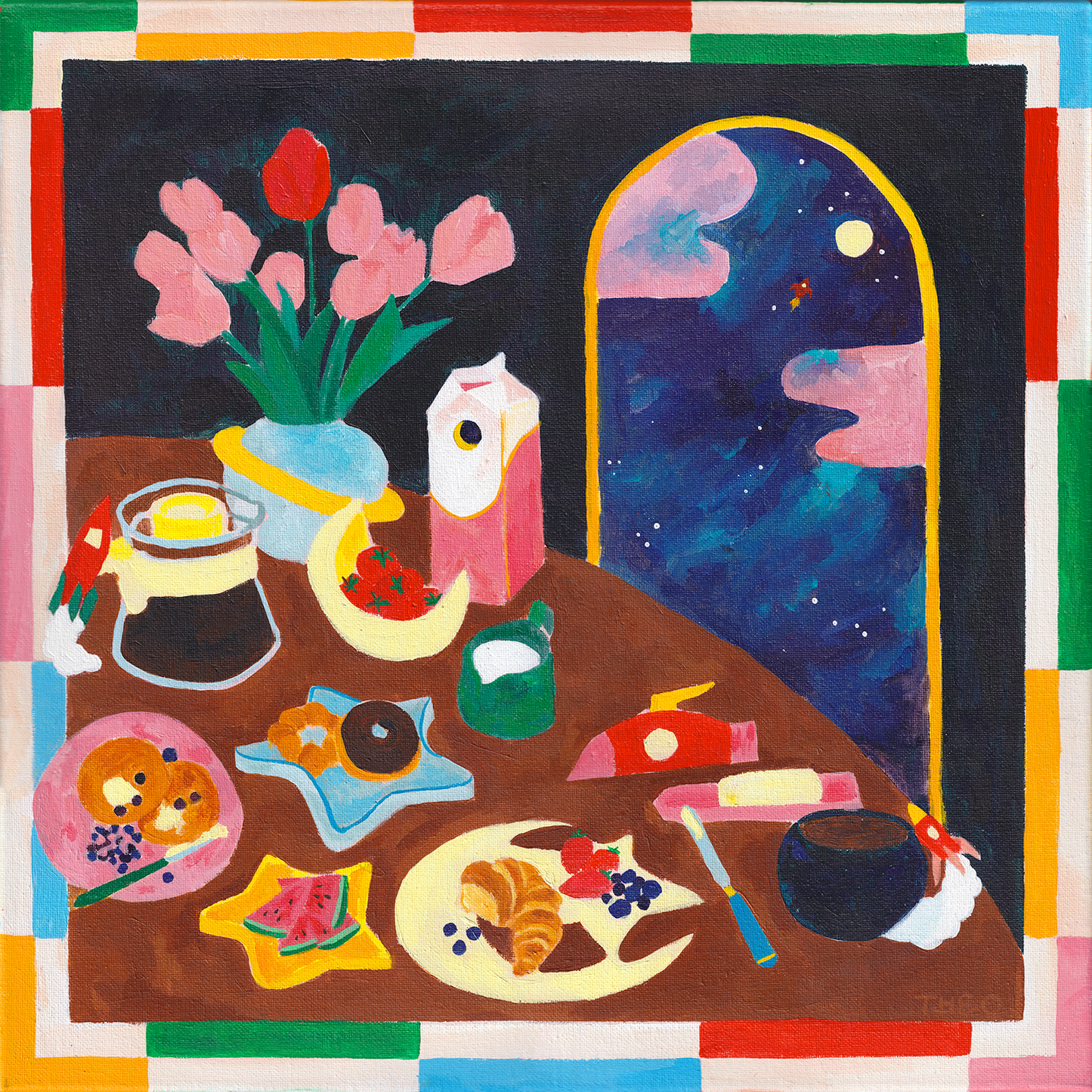 Colourful, galaxy themed still life painting with flowers, food, and a night sky.