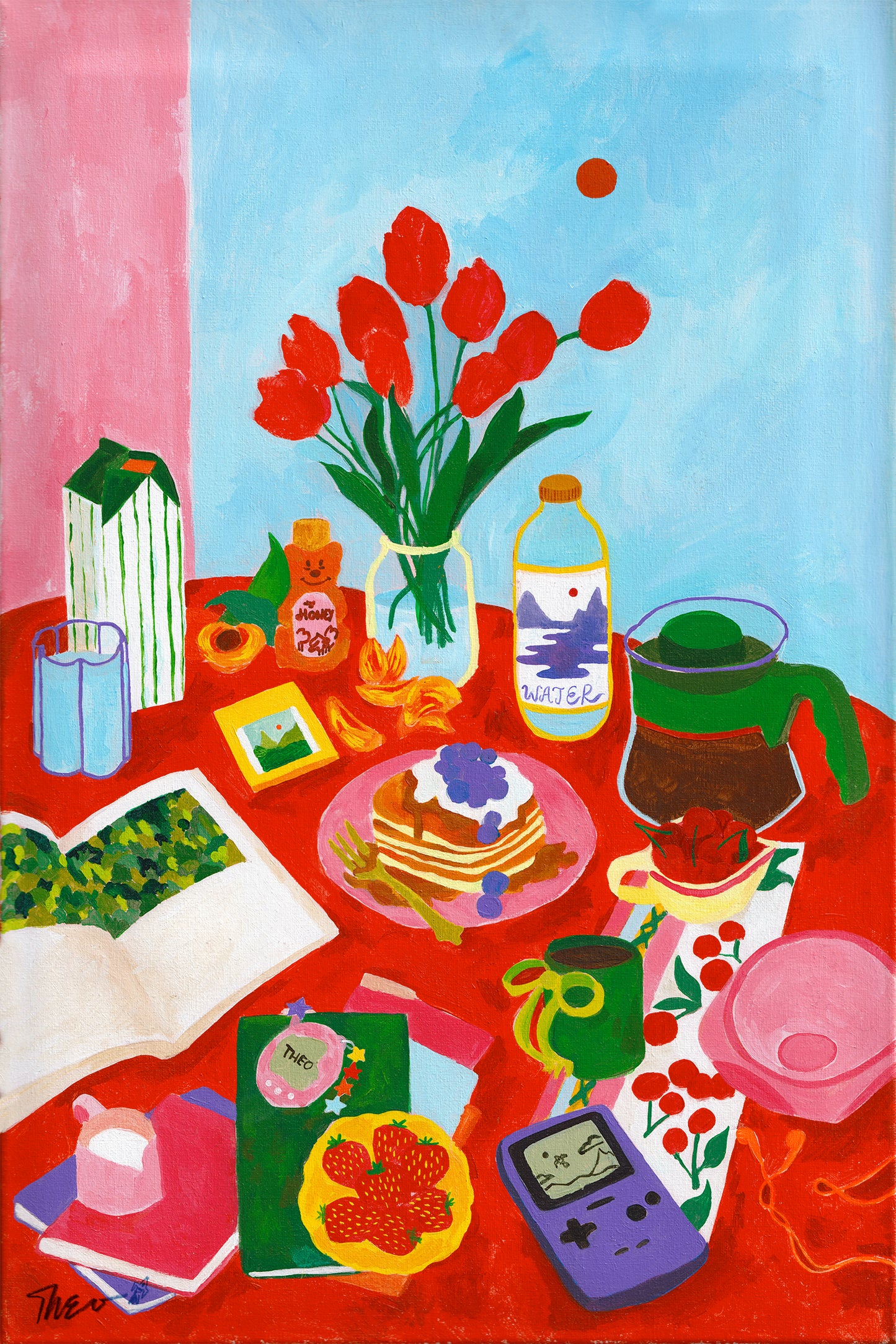 Colorful still life painting with a table setting, including a vase of red tulips, books, and various objects such as gameboy color, a cd player and a gameboy color game.