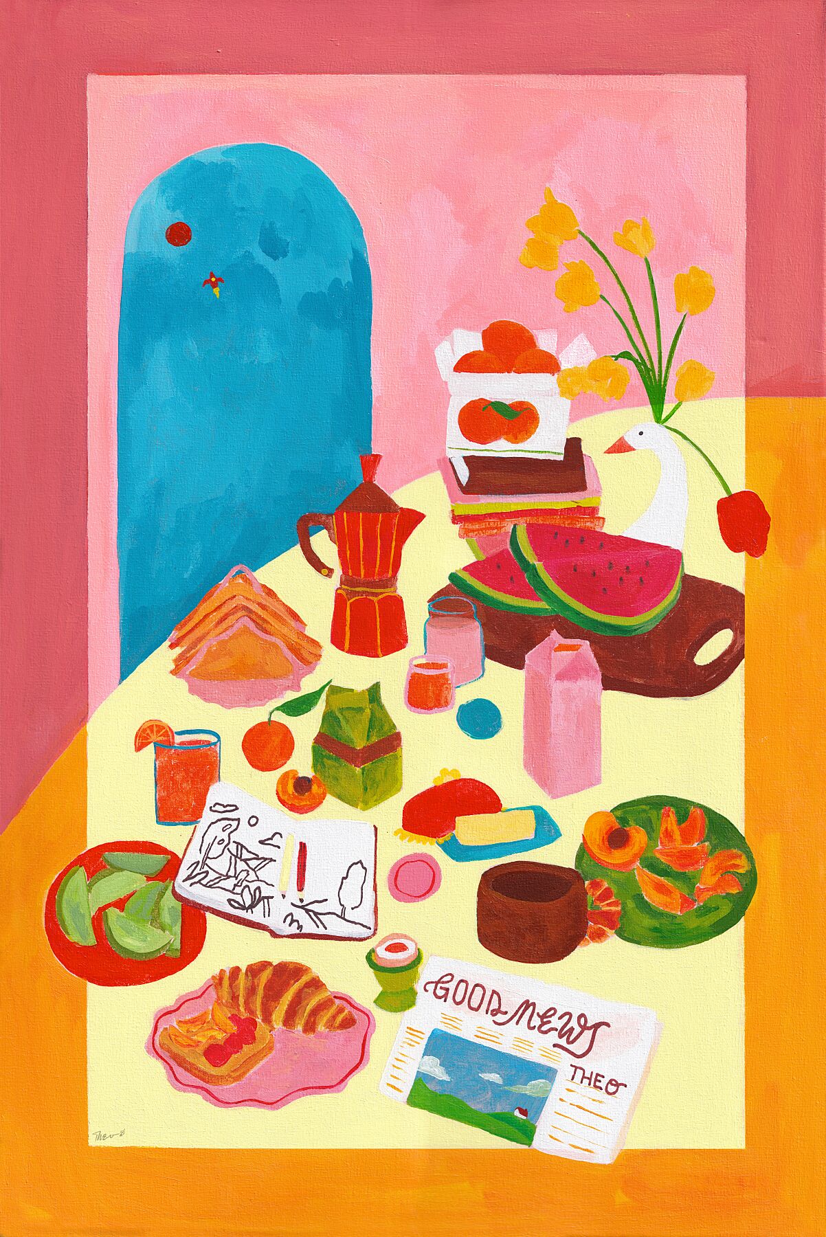 Colorful illustration of a table with food and drinks on a pink and yellow background