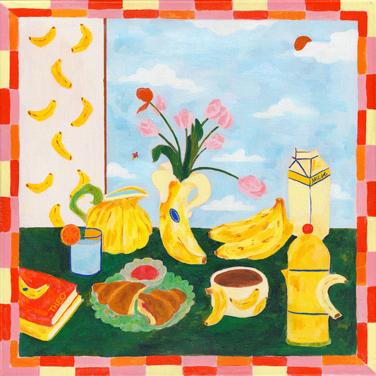 Colorful painting of a table setting with bananas, coffee, and flowers. Everything is banana themed. The vase is shaped like an open banana, the coffee mug and coffeemaker have a banana handle. And of course the wallpaper is also banana themed. 