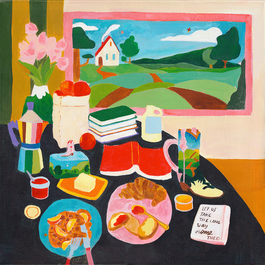 Colorful still life painting with a landscape, books, and food on a table.