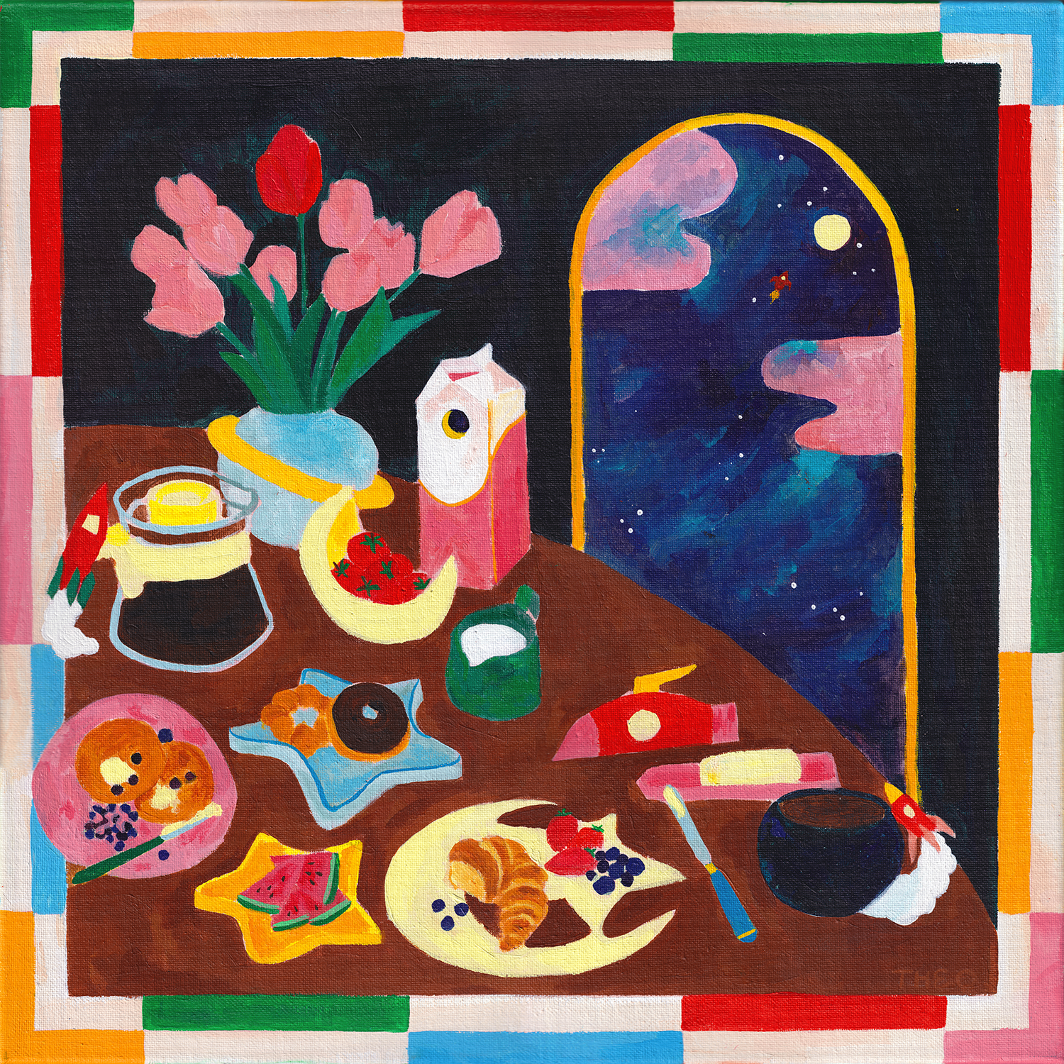 Colourful, galaxy themed still life painting with flowers, food, and a night sky.