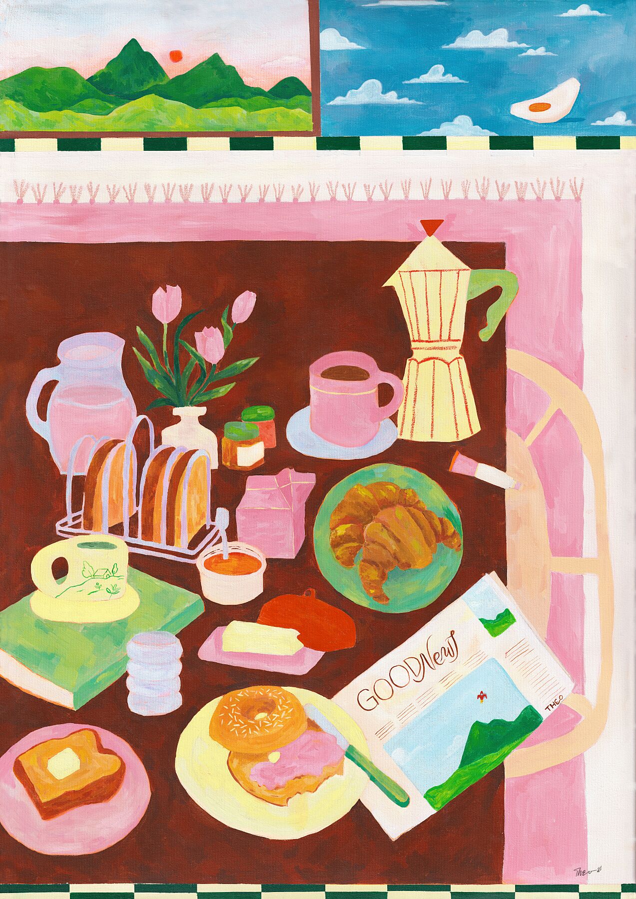 Still life painting with a breakfast table filled with croissants, a plate with a bagel, toast with butter, a book, a newspaper titled "good news" , a coffee mug and coffee maker, a mug of matcha and a pitcher with pink lemonade. There are tulips on the table. The view out the window is of a landscape with green mountains and a red sun. Next to it is a blue wallpaper with clouds as a pattern and a little egg in the corner. 
