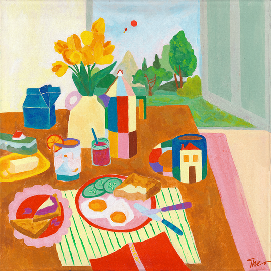 Colourful painting of a breakfast table with food and a view of trees through a window.