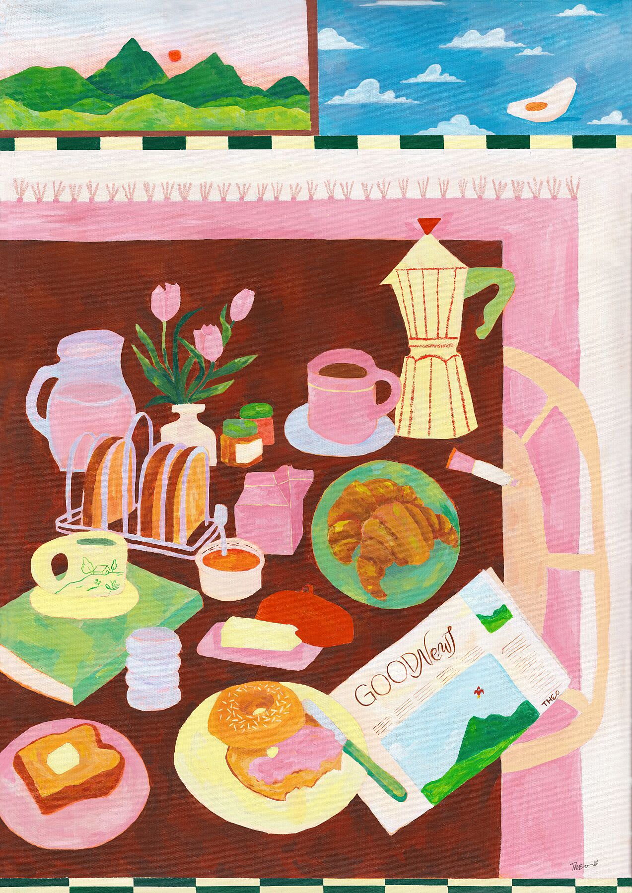 Still life painting with a breakfast table filled with croissants, a plate with a bagel, toast with butter, a book, a newspaper titled "good news" , a coffee mug and coffee maker, a mug of matcha and a pitcher with pink lemonade. There are tulips on the table. The view out the window is of a landscape with green mountains and a red sun. Next to it is a blue wallpaper with clouds as a pattern and a little egg in the corner. 