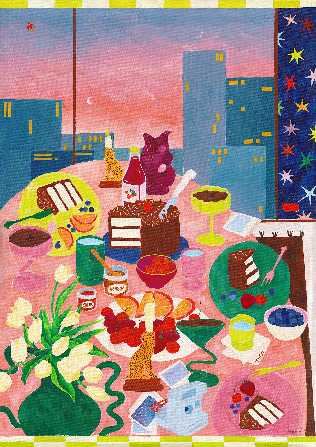 Colourful painting of a dinner table with food, cake, fruit and espresso martinis, flowers and a cityscape in the background